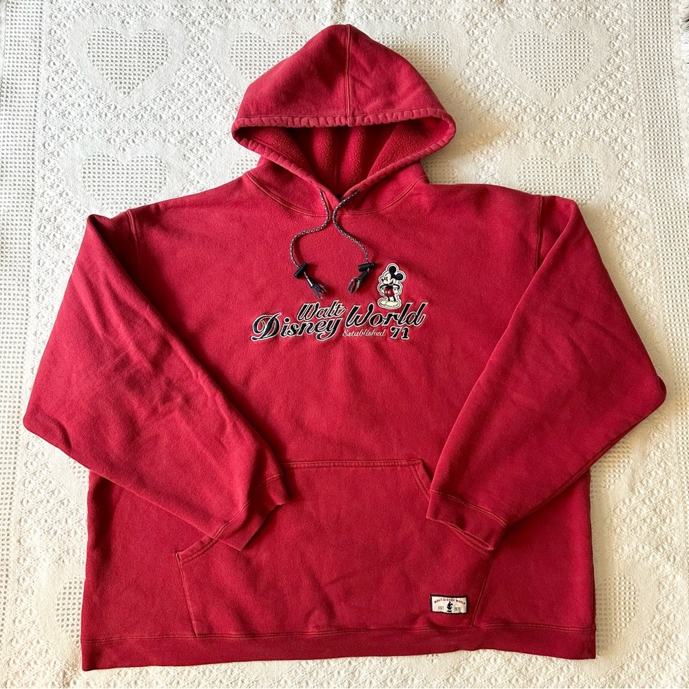 Vintage Walt Disney World Hoodie Sweatshirt Mens XXL 2XL Red Mickey Mouse WDW